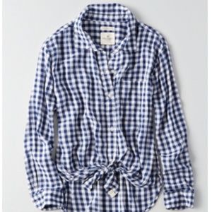 Blue and White Plaid Button Down Tie Front